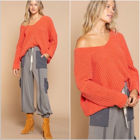 POL Sweaters - Orange Loose Knit V - Neck Gorgeous Sweater
